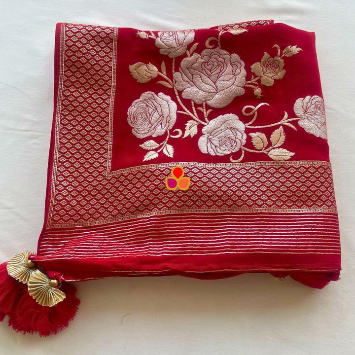 anokherang Dupattas Red Rose Regal Banarasi Zari Embroidered Organza Dupatta