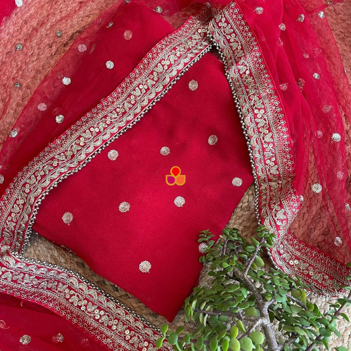 anokherang Dupattas Red Sitara Unstitched Suit with Net Dupatta