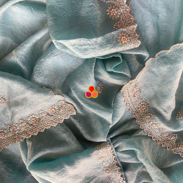 anokherang Dupattas Resham Blush Blue Crinkled Tissue Embroidered Organza Dupatta