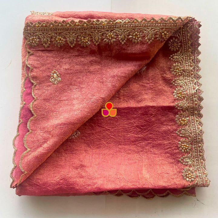 anokherang Dupattas Resham Dusty Pink Crinkled Tissue Embroidered Organza Dupatta