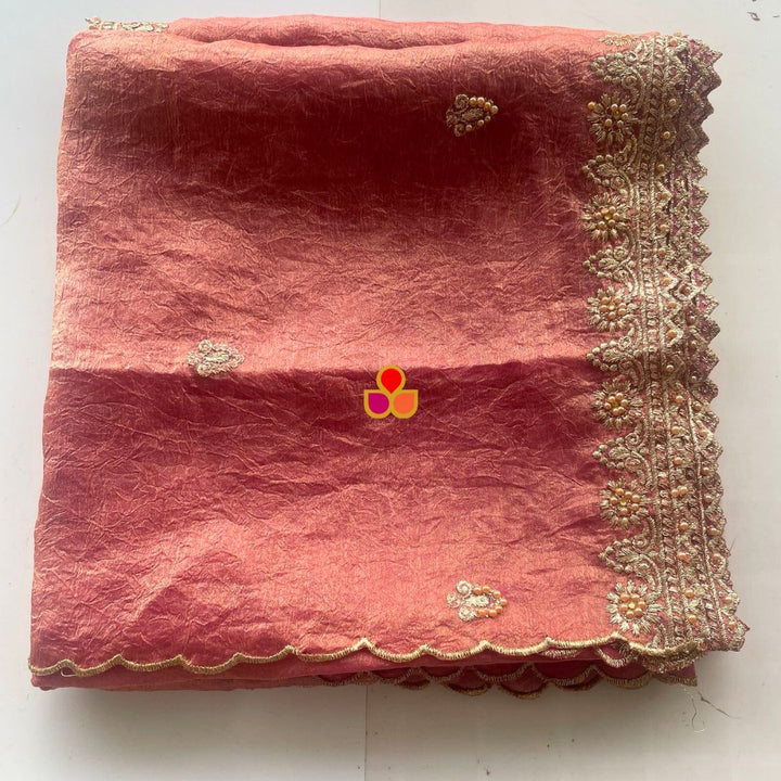 anokherang Dupattas Resham Dusty Pink Crinkled Tissue Embroidered Organza Dupatta