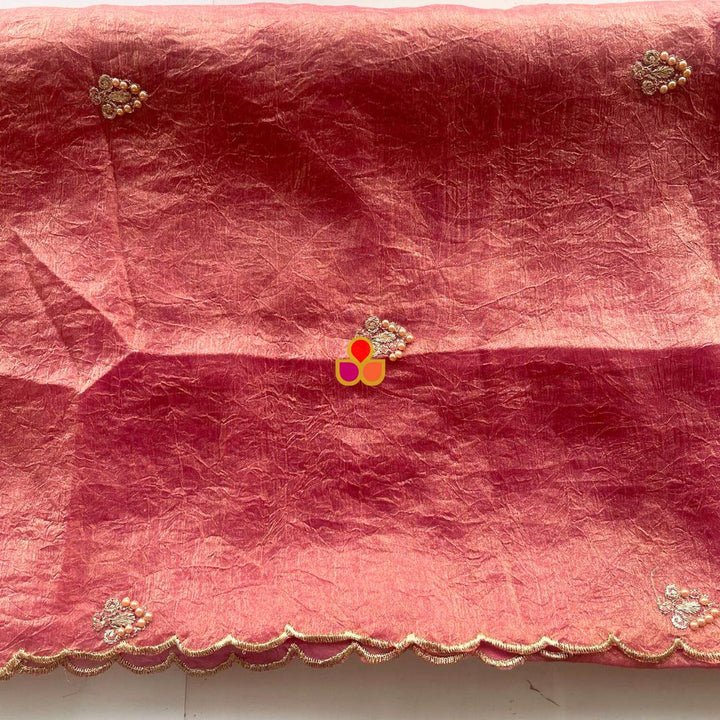 anokherang Dupattas Resham Dusty Pink Crinkled Tissue Embroidered Organza Dupatta