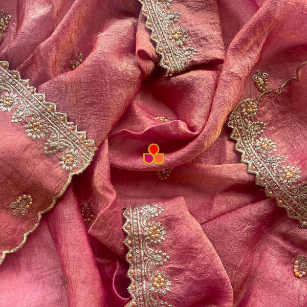 anokherang Dupattas Resham Dusty Pink Crinkled Tissue Embroidered Organza Dupatta