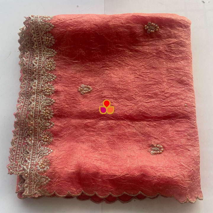 anokherang Dupattas Resham Peach Crinkled Tissue Embroidered Organza Dupatta