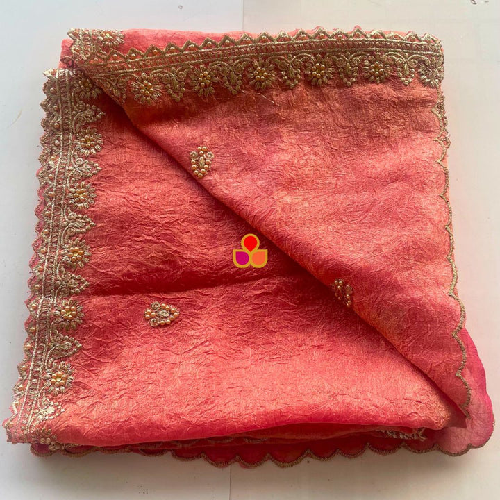 anokherang Dupattas Resham Peach Crinkled Tissue Embroidered Organza Dupatta