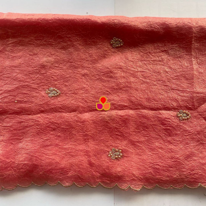 anokherang Dupattas Resham Peach Crinkled Tissue Embroidered Organza Dupatta