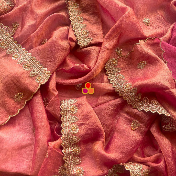 anokherang Dupattas Resham Peach Crinkled Tissue Embroidered Organza Dupatta