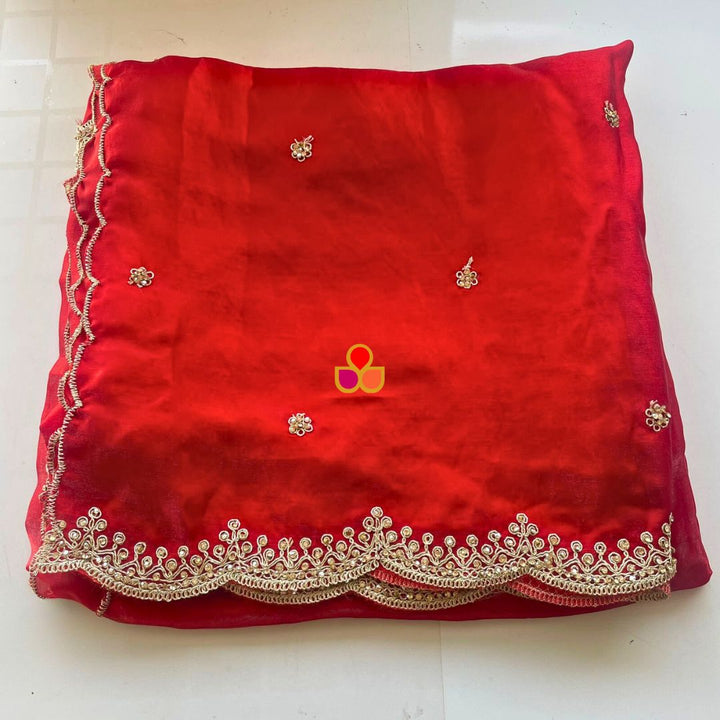 anokherang Dupattas Resham Red Tissue Embroidered Organza Dupatta