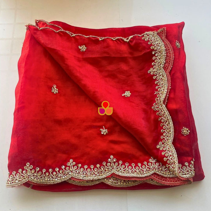 anokherang Dupattas Resham Red Tissue Embroidered Organza Dupatta