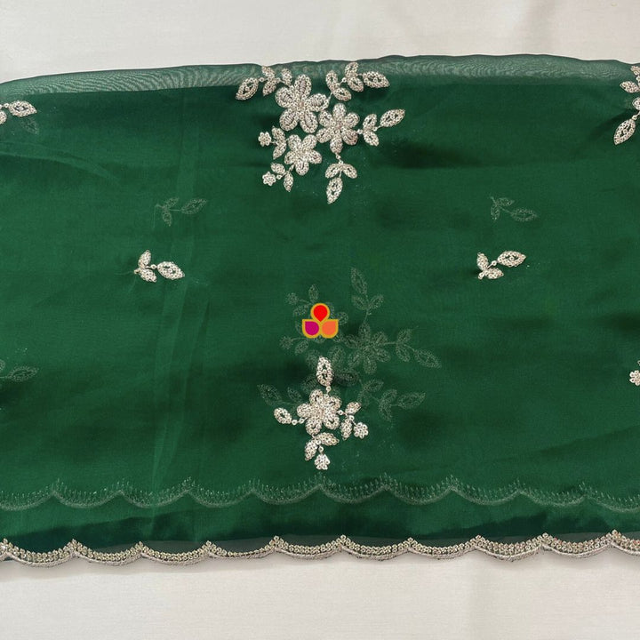 anokherang Dupattas Roohani Deep Green Floral Embroidered Organza Dupatta