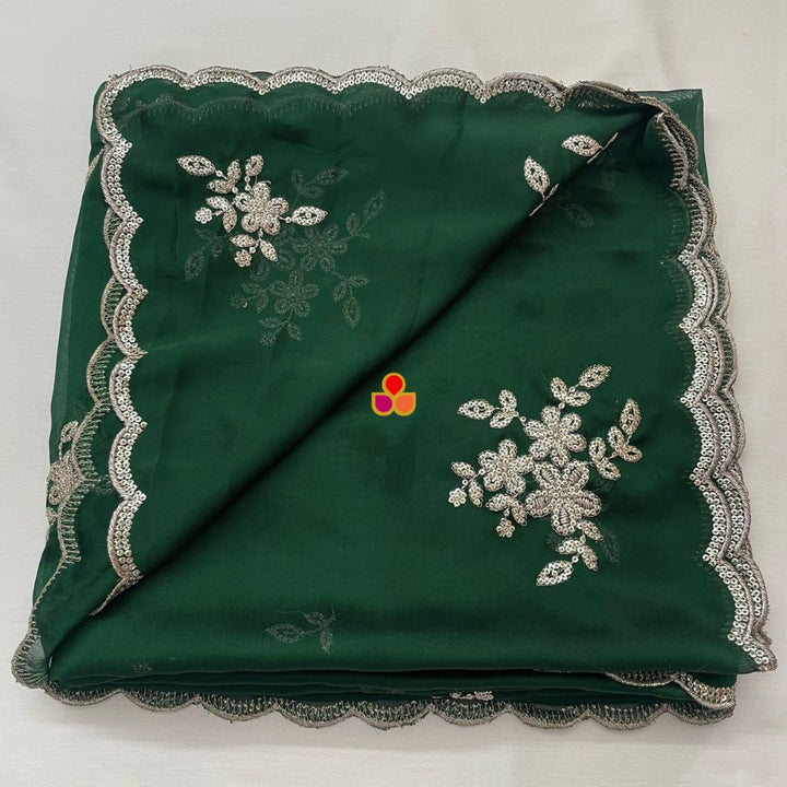 anokherang Dupattas Roohani Deep Green Floral Embroidered Organza Dupatta
