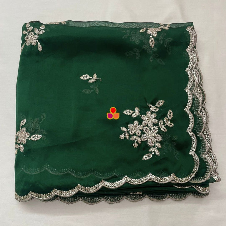 anokherang Dupattas Roohani Deep Green Floral Embroidered Organza Dupatta