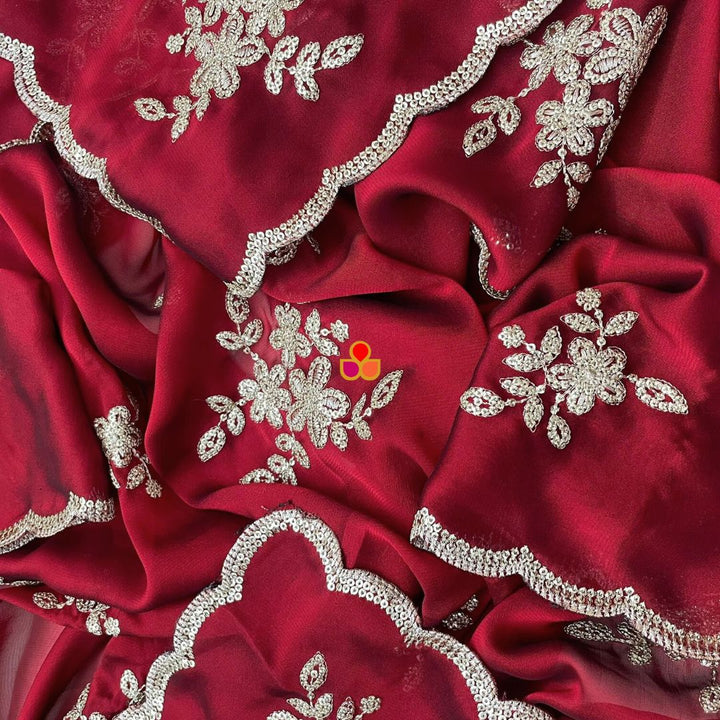 anokherang Dupattas Roohani Maroon Floral Embroidered Organza Dupatta