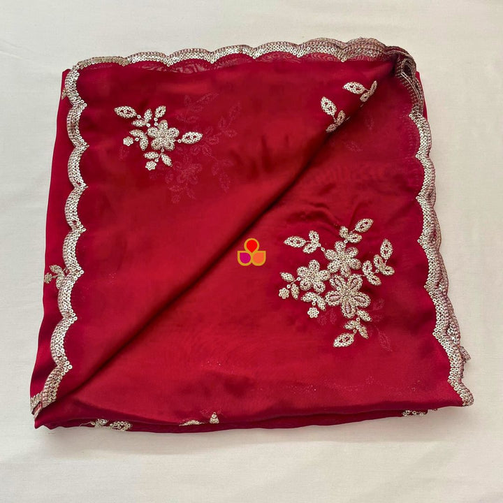 anokherang Dupattas Roohani Maroon Floral Embroidered Organza Dupatta