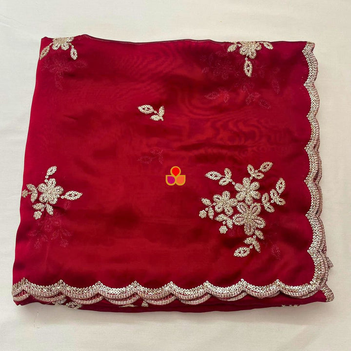 anokherang Dupattas Roohani Maroon Floral Embroidered Organza Dupatta