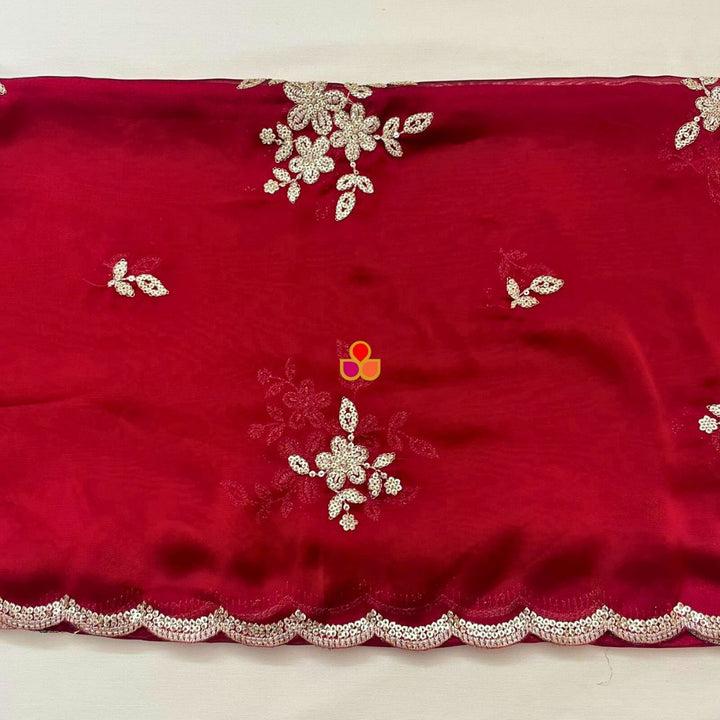 anokherang Dupattas Roohani Maroon Floral Embroidered Organza Dupatta