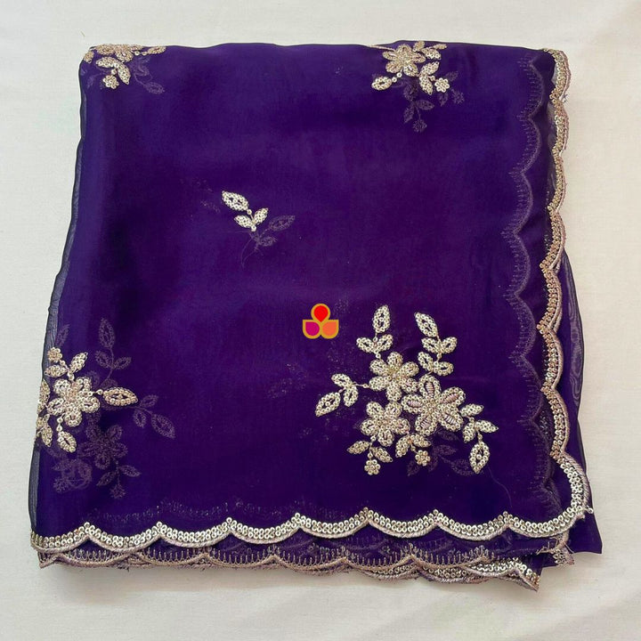 anokherang Dupattas Roohani Purple Floral Embroidered Organza Dupatta