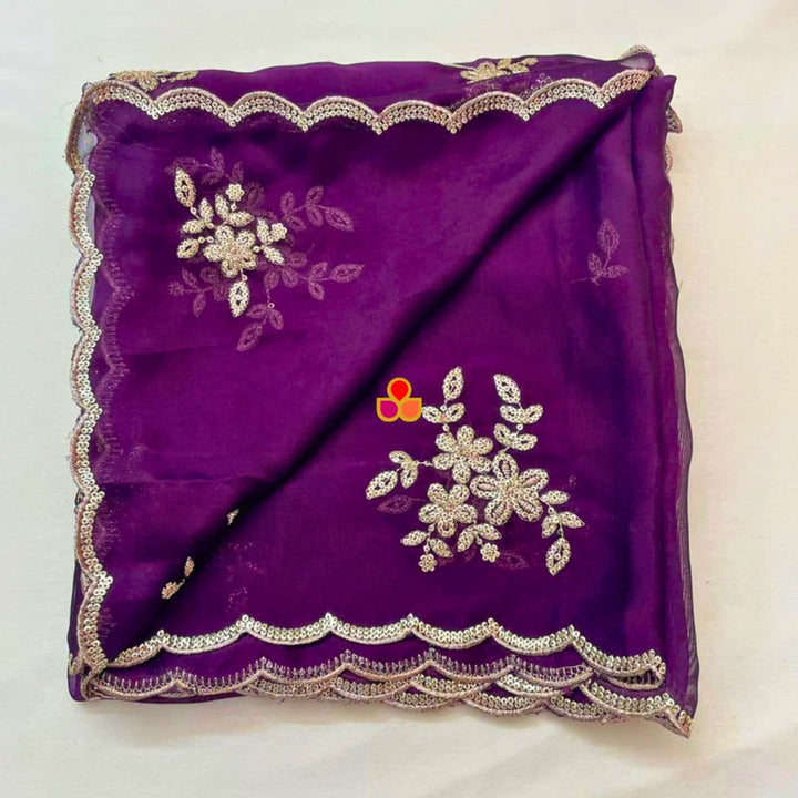 anokherang Dupattas Roohani Purple Floral Embroidered Organza Dupatta