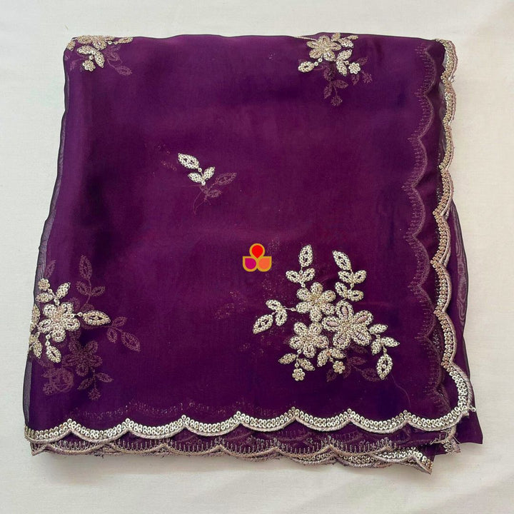 anokherang Dupattas Roohani Purple Floral Embroidered Organza Dupatta