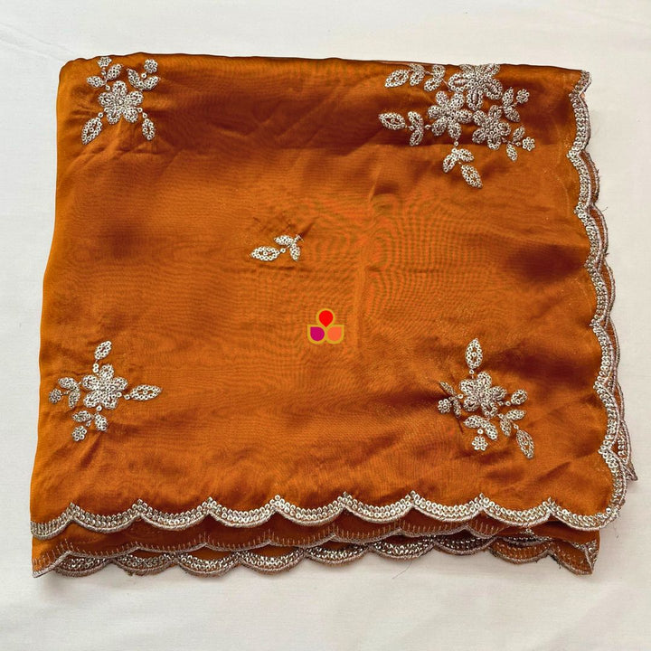 anokherang Dupattas Roohani Rust Floral Embroidered Organza Dupatta