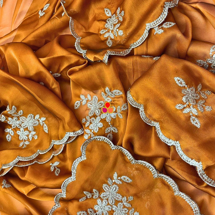 anokherang Dupattas Roohani Rust Floral Embroidered Organza Dupatta