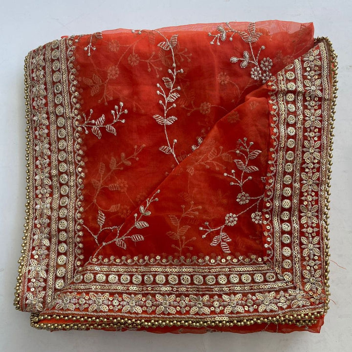 anokherang Dupattas Rust Zari Embroidered Organza Dupatta