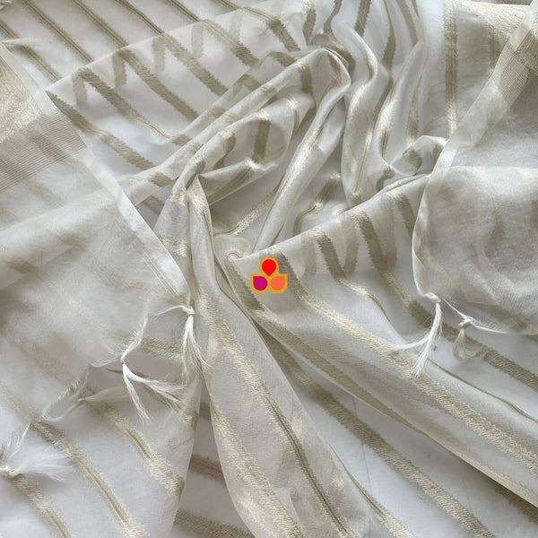 anokherang Dupattas Saba Ivory Zari Stripes Organza Dupatta