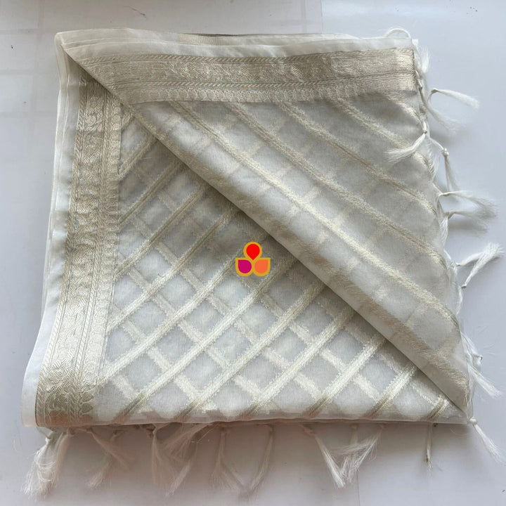 anokherang Dupattas Saba Ivory Zari Stripes Organza Dupatta