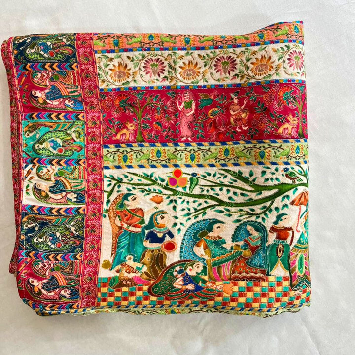 anokherang Dupattas Shahi Ivory Gold Multicolor Threadwork Embroidered Silk Dupatta