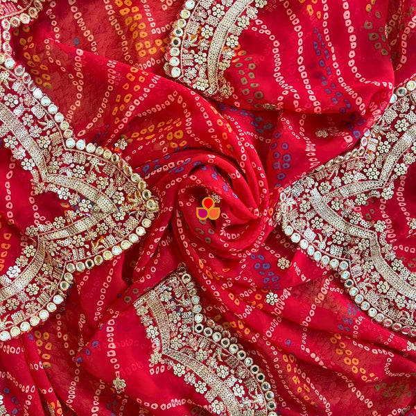 anokherang Dupattas Shringar Red Bandhej Scalloped Georgette Dupatta