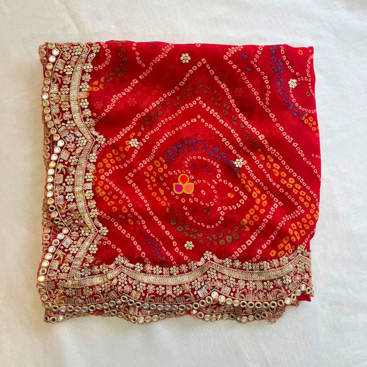 anokherang Dupattas Shringar Red Bandhej Scalloped Georgette Dupatta