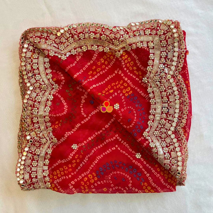 anokherang Dupattas Shringar Red Bandhej Scalloped Georgette Dupatta