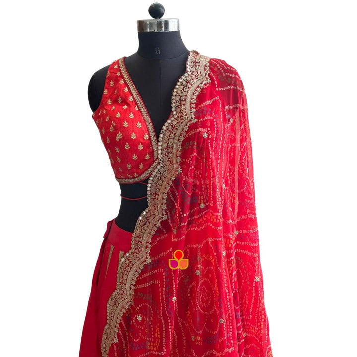 anokherang Dupattas Shringar Red Bandhej Scalloped Georgette Dupatta