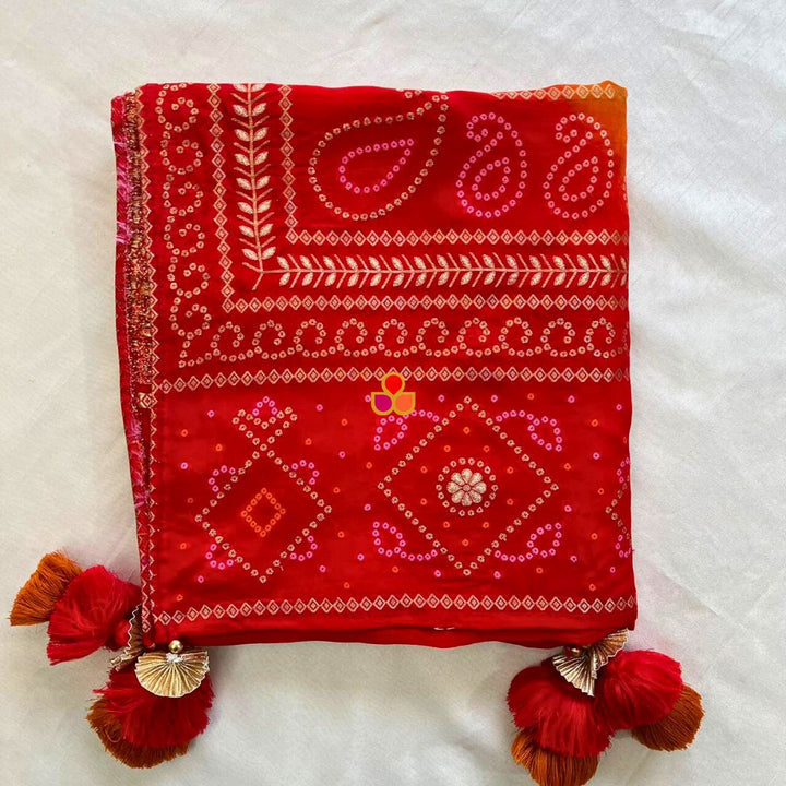 anokherang Dupattas Shringar Red Ornage Bandhej Silk Dupatta