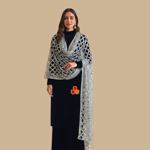 anokherang Dupattas Silver Sheesh Mahal Zari Mirror Work Dupatta