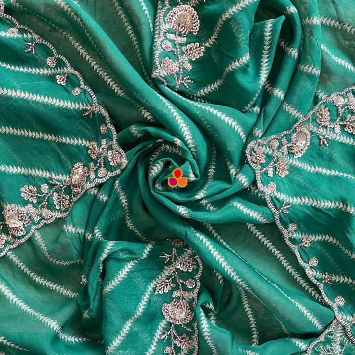 anokherang Dupattas Sitara Stripe Emerald Radiance Hand-Embroidered Georgette Dupatta