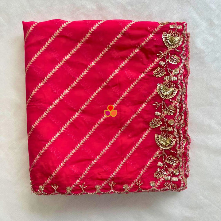 anokherang Dupattas Sitara Stripe Hot Pink Hand-Embroidered Georgette Dupatta