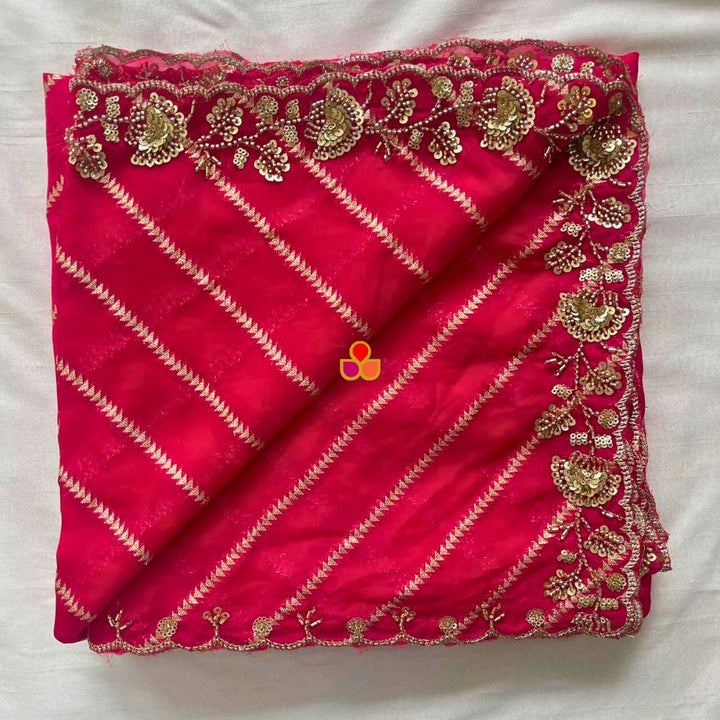 anokherang Dupattas Sitara Stripe Hot Pink Hand-Embroidered Georgette Dupatta