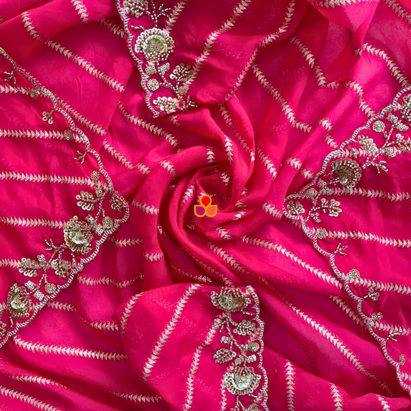 anokherang Dupattas Sitara Stripe Hot Pink Hand-Embroidered Georgette Dupatta