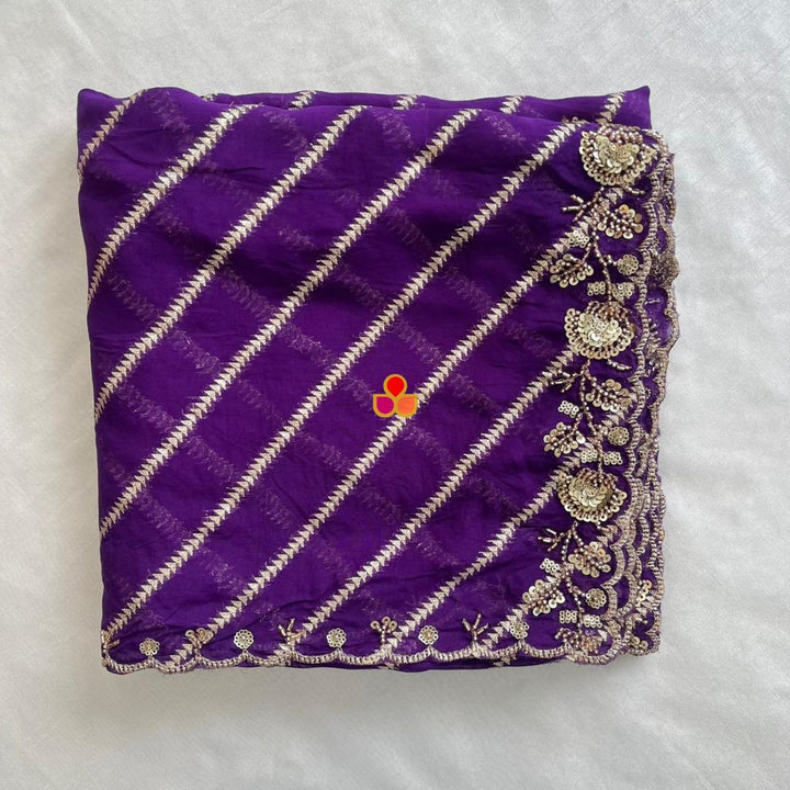 anokherang Dupattas Sitara Stripe Royal Purple Hand-Embroidered Georgette Dupatta