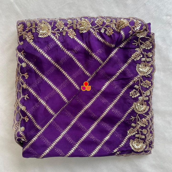 anokherang Dupattas Sitara Stripe Royal Purple Hand-Embroidered Georgette Dupatta