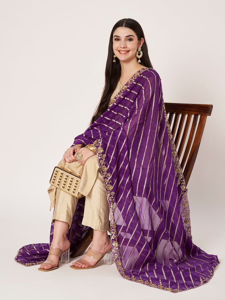 anokherang Dupattas Sitara Stripe Royal Purple Hand-Embroidered Georgette Dupatta