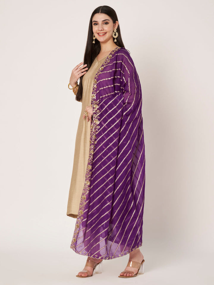 anokherang Dupattas Sitara Stripe Royal Purple Hand-Embroidered Georgette Dupatta