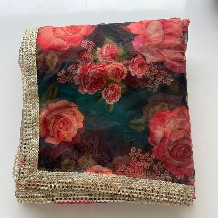 anokherang Dupattas Sizzling Green Floral Printed Organza Dupatta