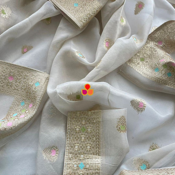 anokherang Dupattas Soft Ivory Multicolor Floral Silk Dupatta