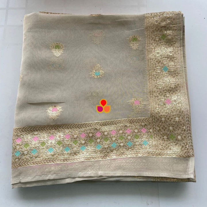 anokherang Dupattas Soft Ivory Multicolor Floral Silk Dupatta