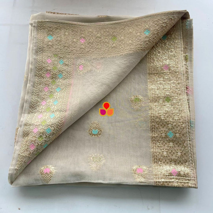 anokherang Dupattas Soft Ivory Multicolor Floral Silk Dupatta