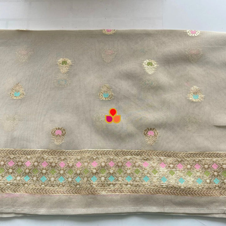 anokherang Dupattas Soft Ivory Multicolor Floral Silk Dupatta