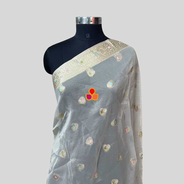 anokherang Dupattas Soft Ivory Multicolor Floral Silk Dupatta