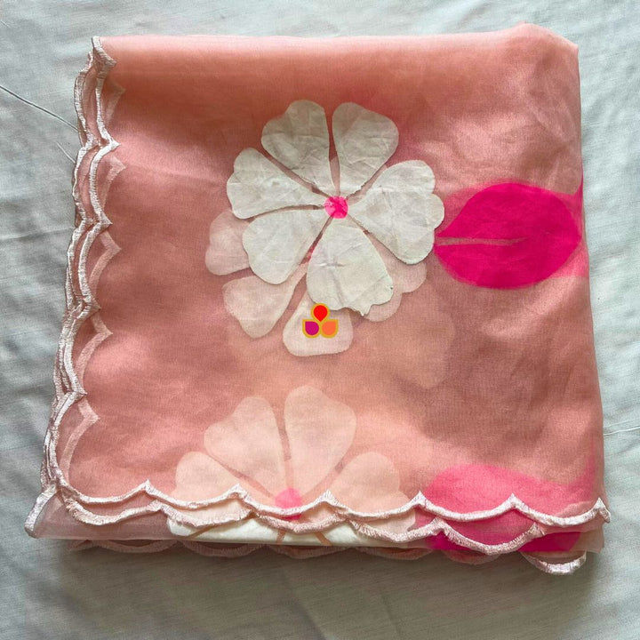 anokherang Dupattas Soft Peach Floral Hand Painted Organza Dupatta